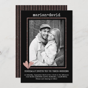 Rose gold hearts black wedding photo invitation