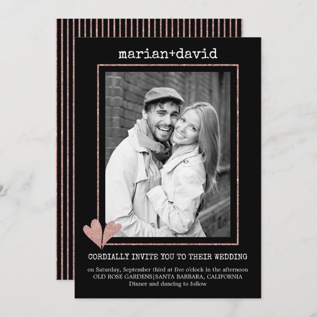 Rose gold hearts black wedding photo invitation (Front/Back)