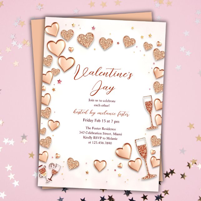 Rose Gold Hearts Champagne Valentine’s Day Party Invitation (Rose Gold Hearts Champagne Valentine’s Day Party Invitation)