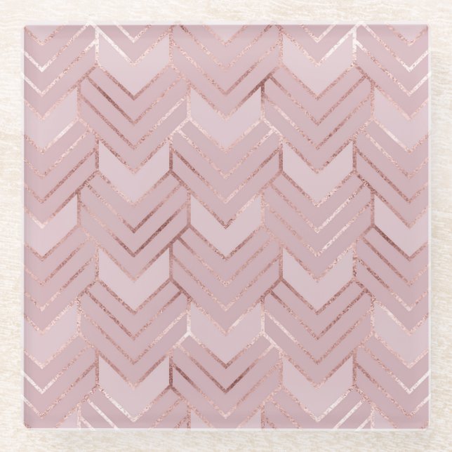 Rose Gold Hearts Glitter Pattern. Glass Coaster (Front)