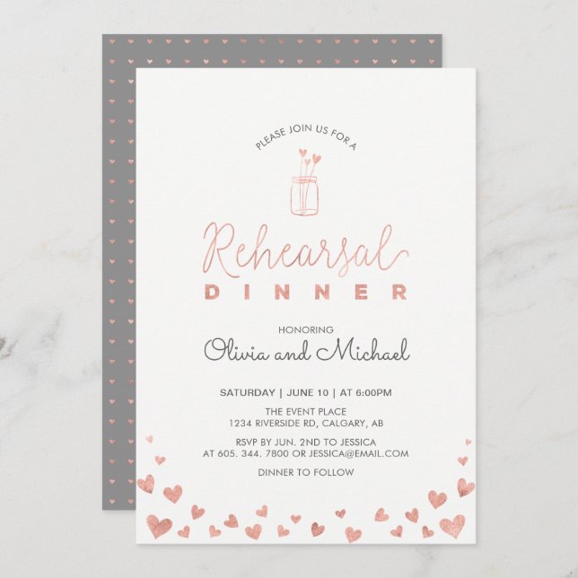 Rose Gold | Hearts Rehearsal Dinner Invitation (Front/Back)