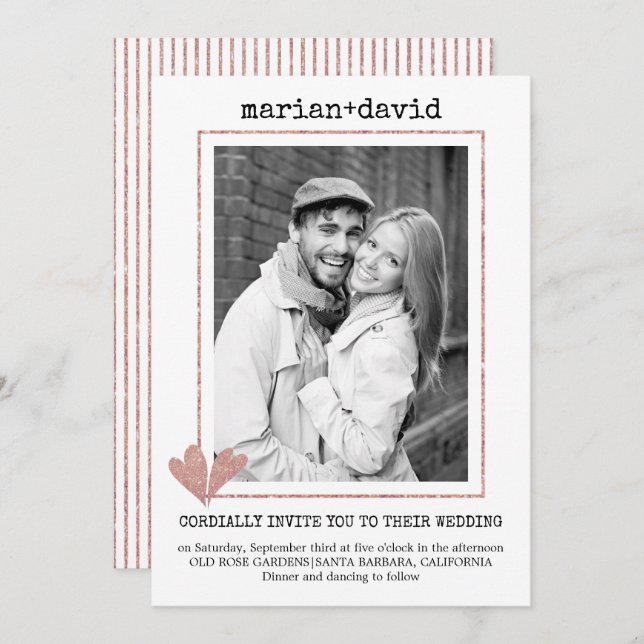 Rose gold hearts typewriter wedding photo invitation (Front/Back)