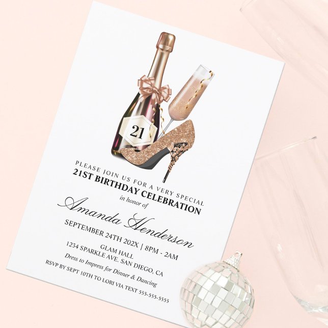 Rose Gold Heels and Champagne Women's Birthday Invitation (Creator Uploaded)