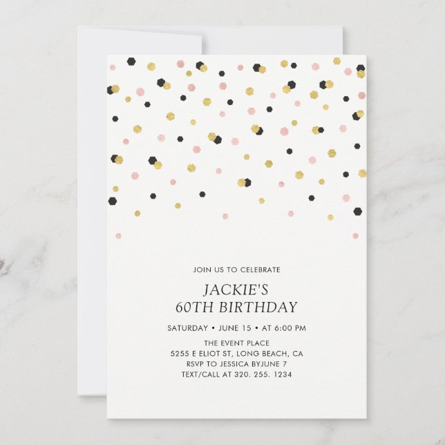 Rose Gold Hexagon Confetti Adult Birthday Party Invitation (Front)