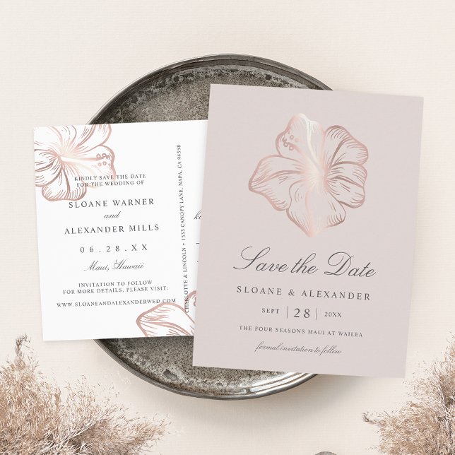 Rose Gold Hibiscus Flower Wedding Save the Date Announcement Postcard (Creator Uploaded)