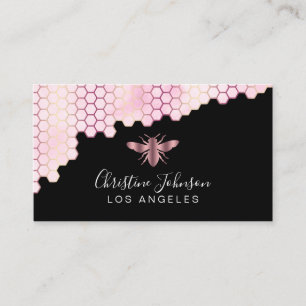 rose gold honeycomb and bee logo on black business card