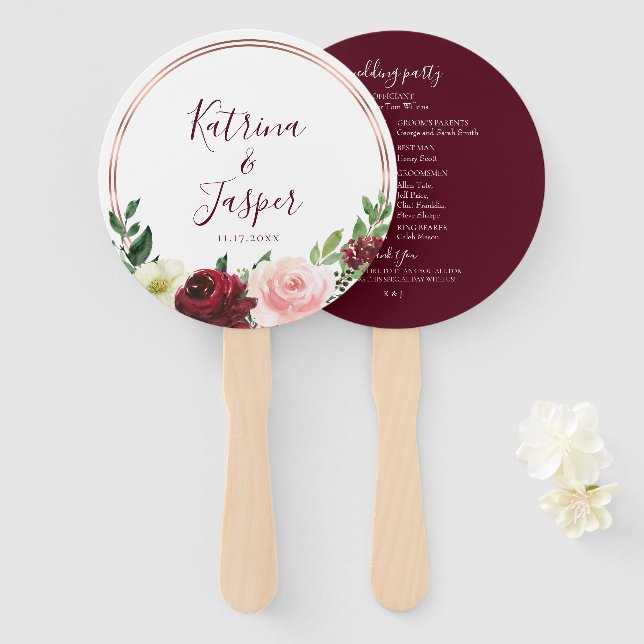 Rose Gold Hoop Burgundy Blush Floral Wedding Hand Fan (Front and Back)