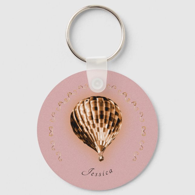 Rose Gold Hot Air Balloon with Name and Scrolls  Key Ring (Front)