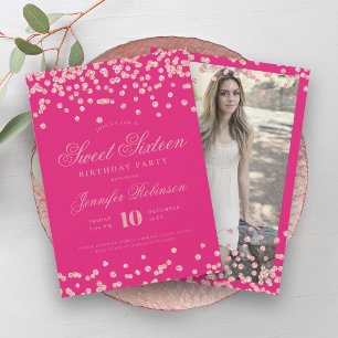 Rose Gold Hot Pink Confetti Photo Sweet 16 Invitation