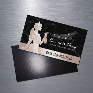 Rose Gold House Cleaning Black Marble Magnetic Business Card