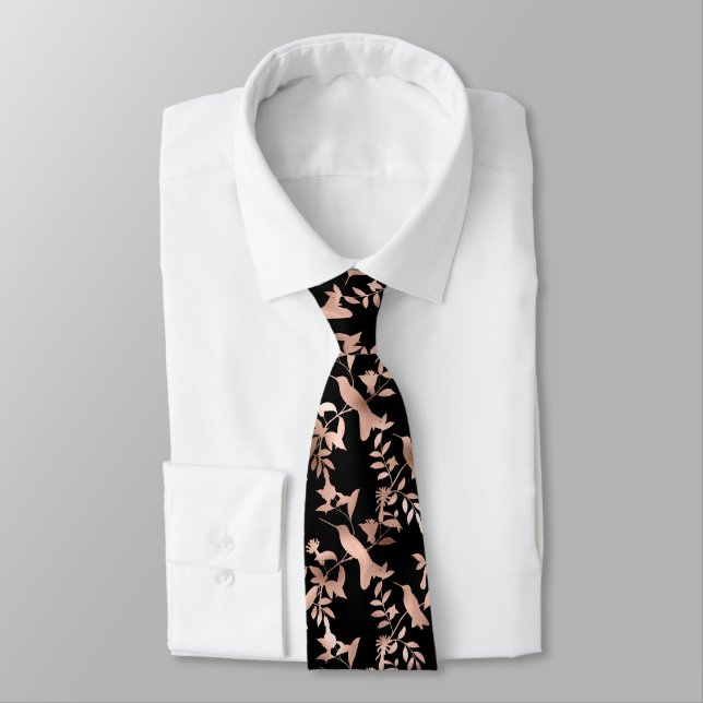 Rose Gold Hummingbird Pattern Black Wedding Tie (Tied)