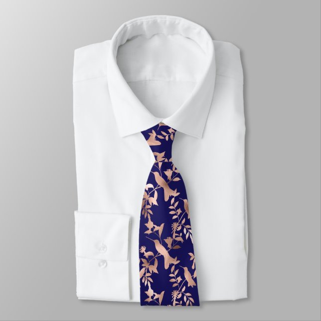 Rose Gold Hummingbird Pattern on Blue Formal Tie (Tied)