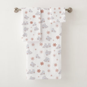 Rose Gold Ice Skates Blush Pink Skating Pattern Bath Towel Set