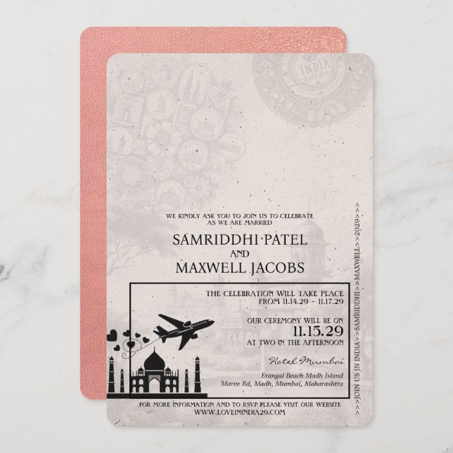 Rose Gold India Passport Wedding Invitation (Front/Back)