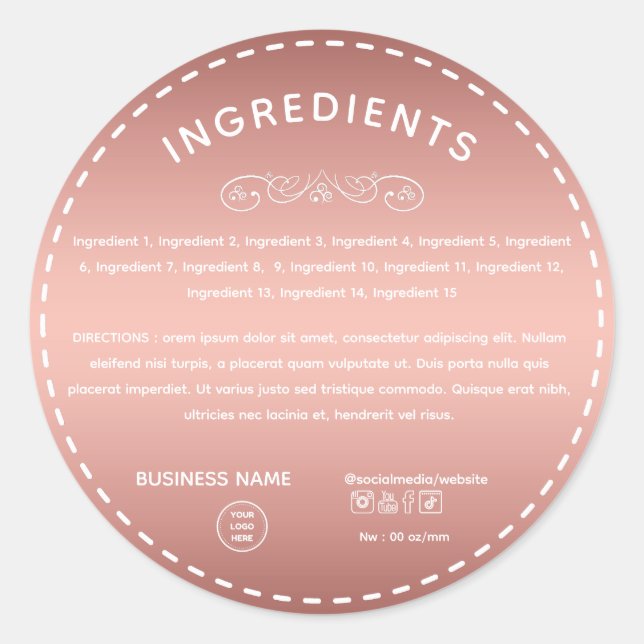 Rose Gold Ingredient Direction Logo Product Label (Front)