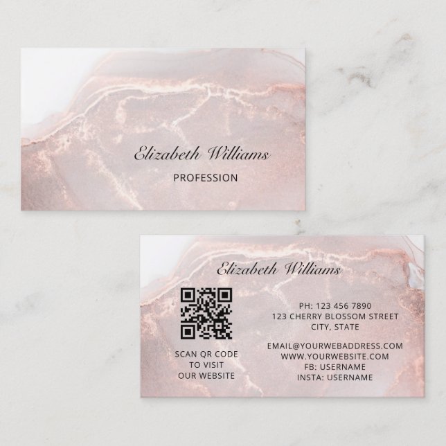 Rose Gold  Ink Marble | QR Code Business Card (Front/Back)