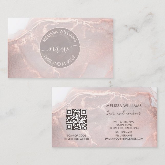 Rose Gold  Ink Marble | QR Code Business Card (Front/Back)