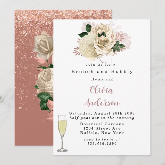 Rose Gold Ivory Rose Glitter Brunch and Bubbly Inv Invitation (Front/Back)