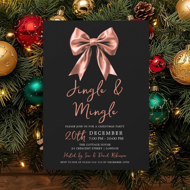 Rose Gold Jingle Mingle Christmas Party Bow Black Invitation (Rose Gold Jingle Mingle Christmas Party Bow Black Invitation)
