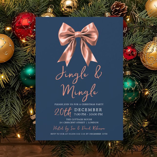 Rose Gold Jingle Mingle Xmas Party Bow Navy Blue  Invitation (Rose Gold Jingle Mingle Xmas Party Bow Navy Blue Invitation)