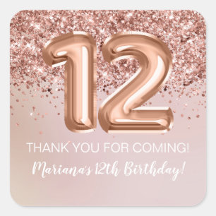 Rose Gold Kids Girl 12th Birthday Party Favour Square Sticker