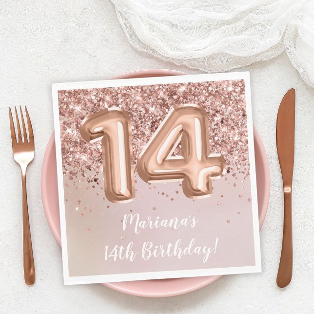  Rose Gold Kids Girl 14th Birthday Party Napkin (Creator Uploaded)
