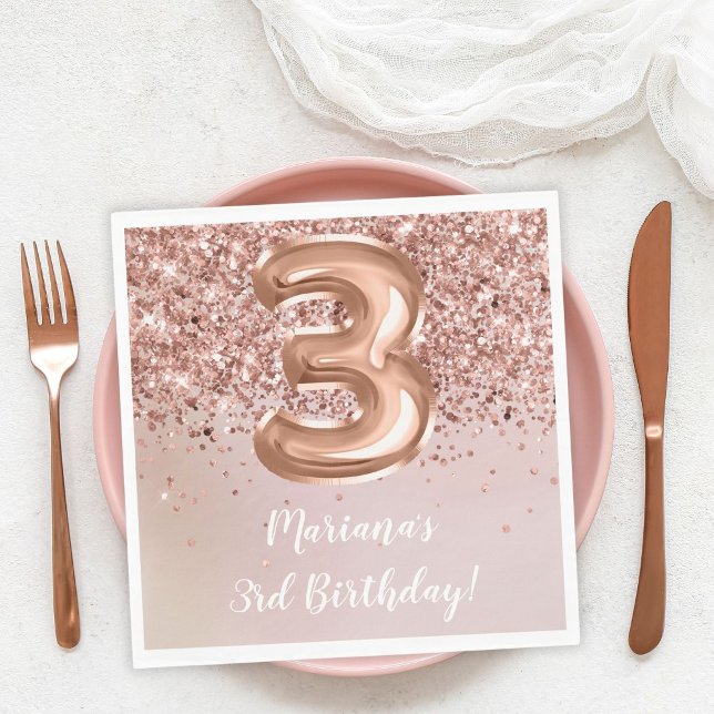  Rose Gold Kids Girl 3rd Birthday Party Napkin (Creator Uploaded)