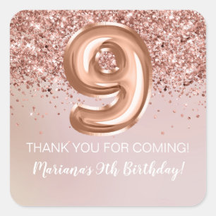 Rose Gold Kids Girl 9th Birthday Party Favour Square Sticker