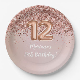 Rose Gold Kids Girly 12th Birthday Party Paper Plate