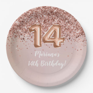 Rose Gold Kids Girly 14th Birthday Party Paper Plate