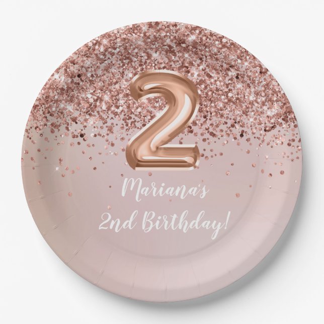  Rose Gold Kids Girly 2nd Birthday Party Paper Plate (Front)