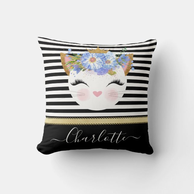 Rose gold kitty princess black white floral  cushion (Front)