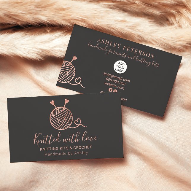 Rose gold knitting crochet yarn handmade kit gray business card (Creator Uploaded)