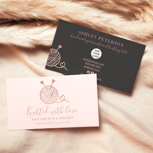 Rose gold knitting crochet yarn handmade kit pink business card (Creator Uploaded)