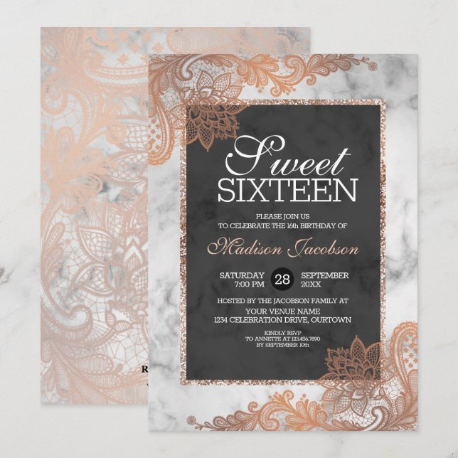Rose Gold Lace and Marble Sweet Sixteen Party Invitation (Front/Back)