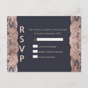 Rose Gold Lace and Navy Blue RSVP Postcards