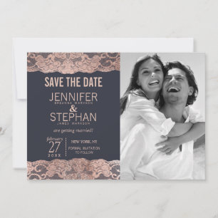 Rose Gold Lace and Navy Blue Save the Dates Date