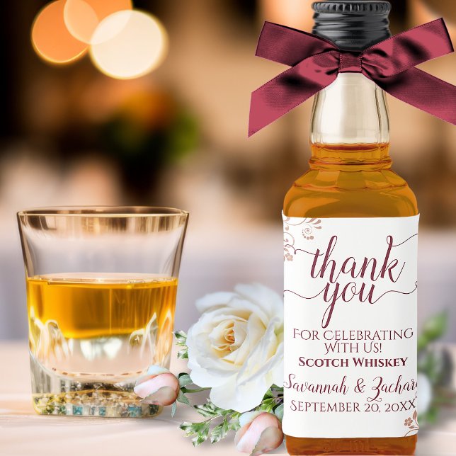 Rose Gold Lace & Burgundy Wedding Thank You Mini Liquor Bottle Label (In Situ with Glass & Flowers)