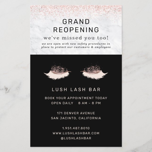 Rose Gold Lash Salon Grand Reopening Covid Safety Flyer (Front)