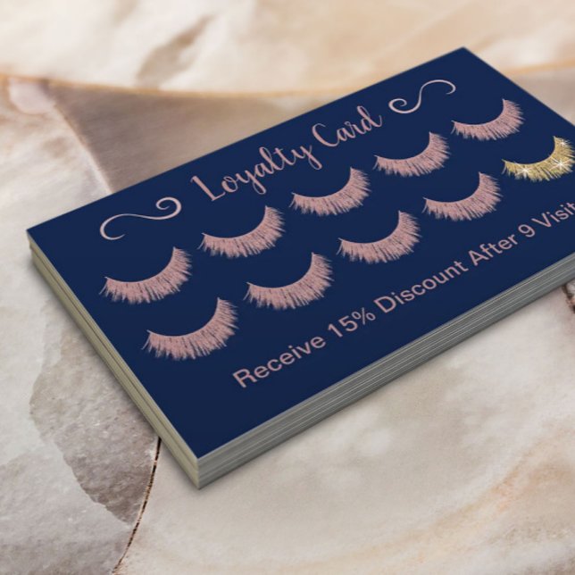 Rose Gold Lashes Salon Elegant Pink & Navy Blue Loyalty Card (Creator Uploaded)