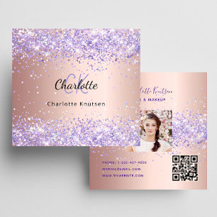 Rose gold lavender glitter photo qr code square business card