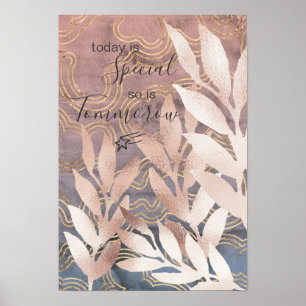'Rose Gold' Leaf Fronds on Pink/Blue Waves w/Quote Poster