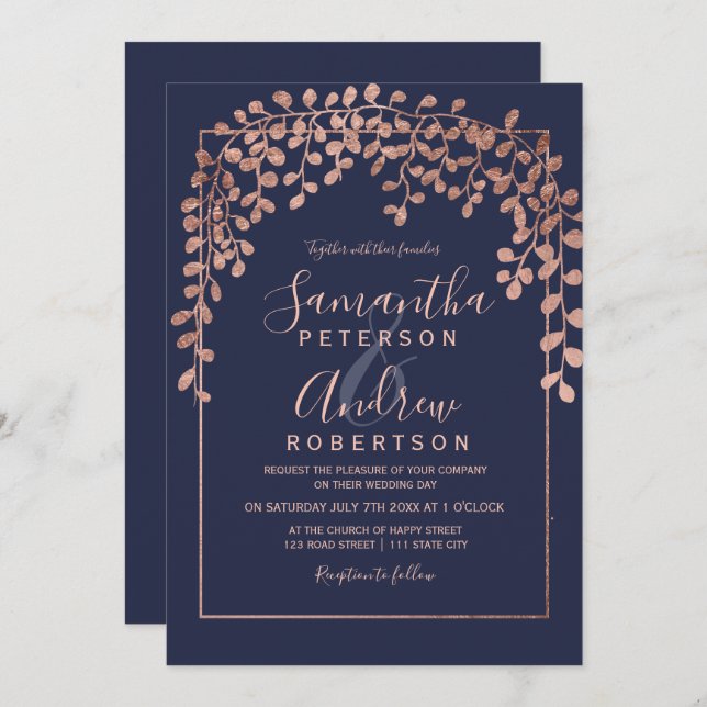 Rose gold leaf navy blue typography wedding invitation (Front/Back)