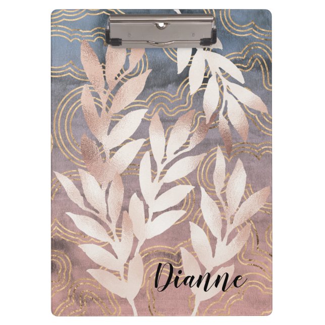 Rose Gold Leaf Sprays on Abstract Bkgd Add A Name Clipboard (Front)
