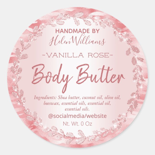 Rose Gold Leaf Zebra Print Body Butter Labels (Front)