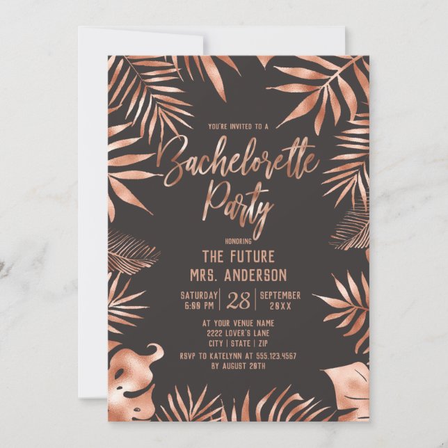 Rose Gold Leaves Bachelorette Party Invitation (Front)