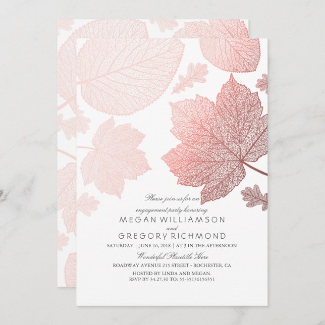 Rose Gold Leaves Elegant Fall Engagement Party Invitation (Front/Back)