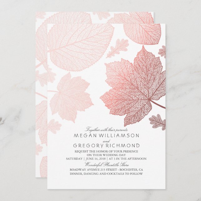 Rose Gold Leaves Elegant White Fall Wedding Invitation (Front/Back)