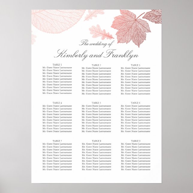 Rose Gold Leaves Fall Wedding Seating Chart (Front)