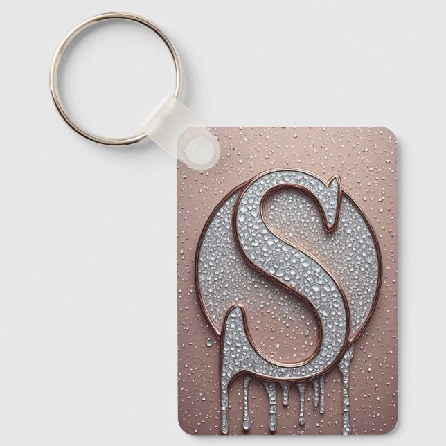 Rose Gold Letter S Monogram With Crystal Droplets Key Ring (Front)